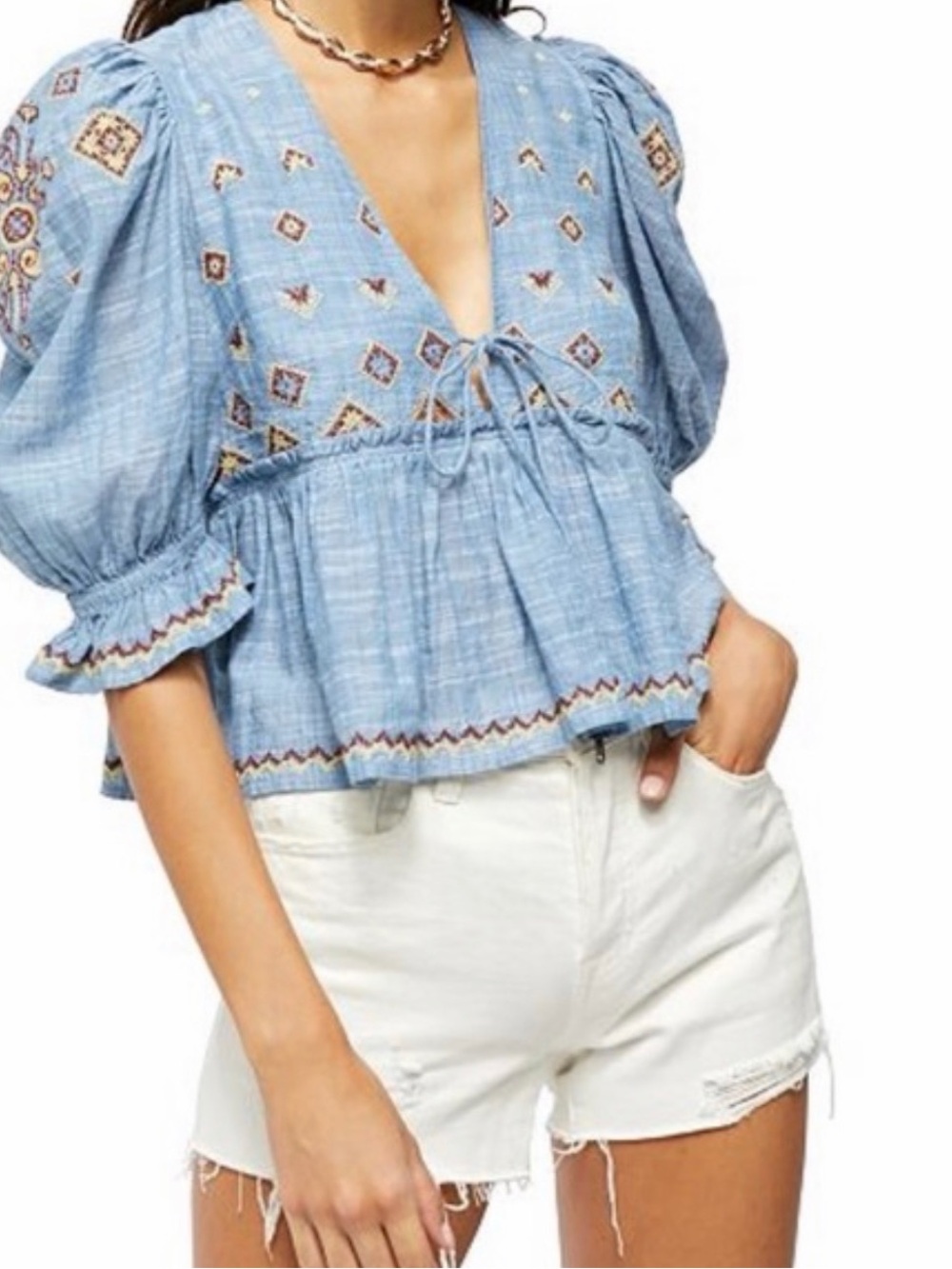 Free People Embroidered Babydoll Top — Blue